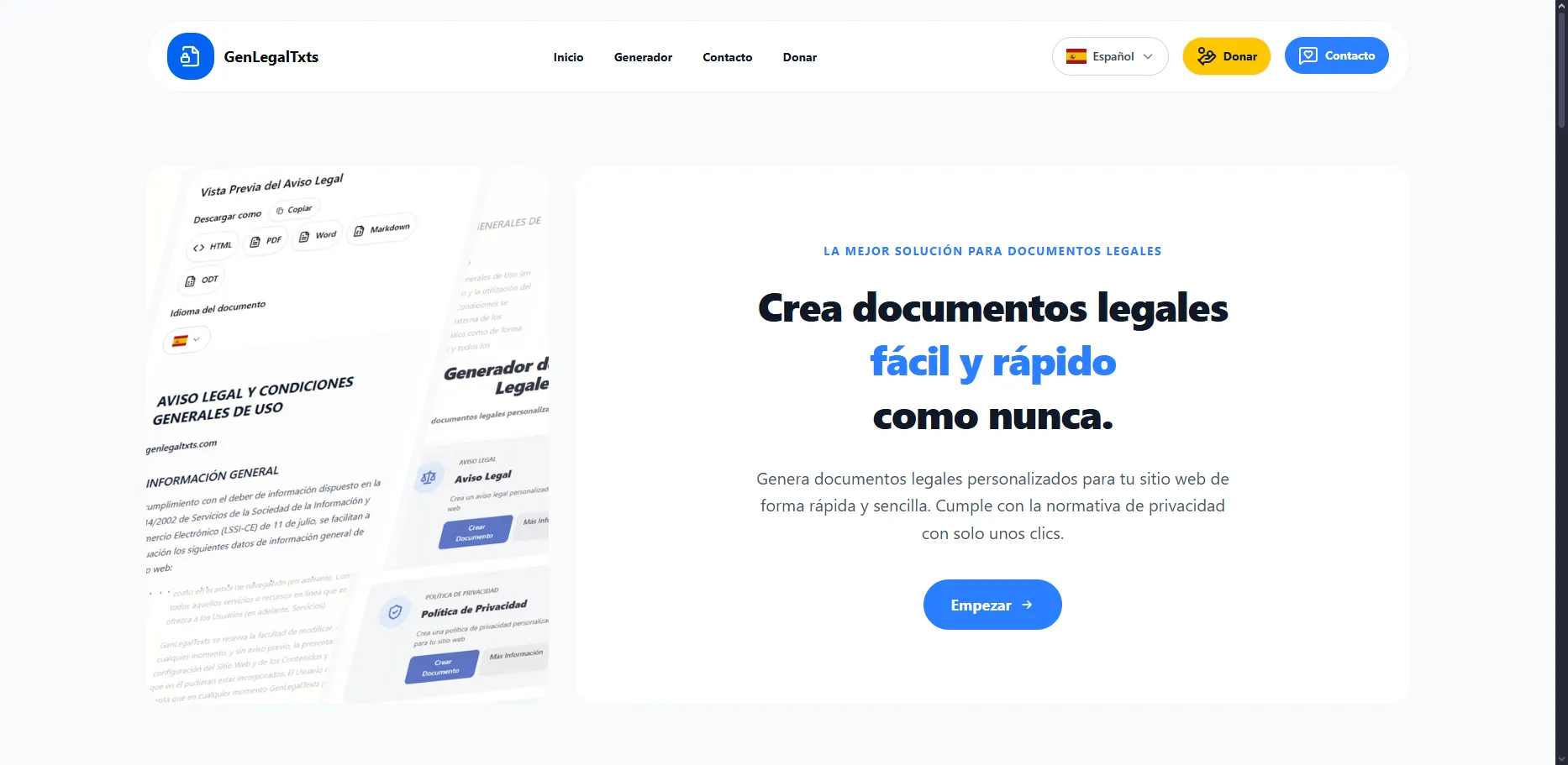 Captura de pantalla del Generador de Textos Legales mostrando la interfaz de creación de documentos legales